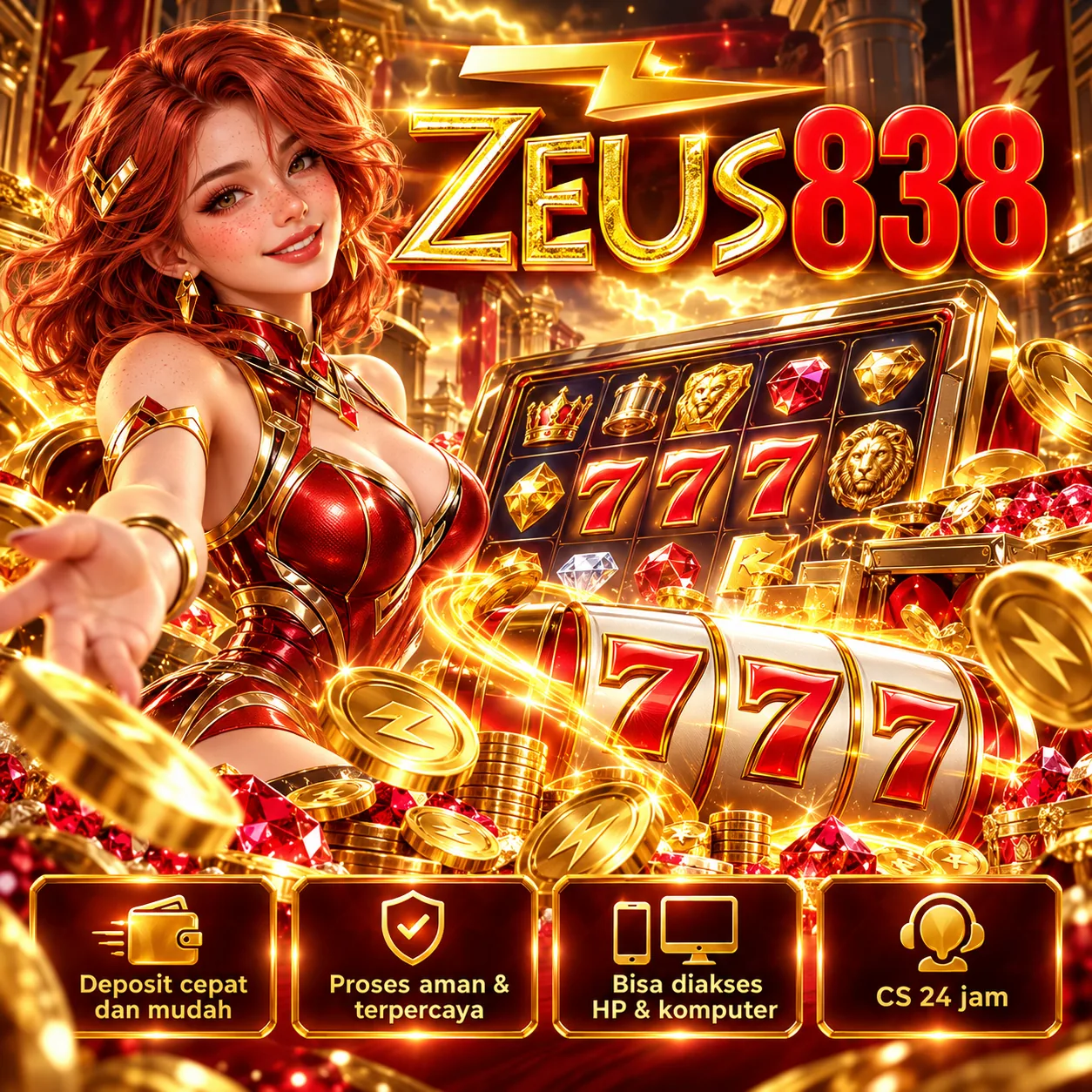 Ilustrasi ZEUS838 dengan dominasi emas dan merah, komposisi visual ke-3